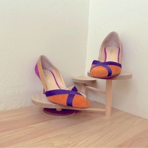 Color block suede low heel pumps with purple ribbon trim.  Purchased in Milan